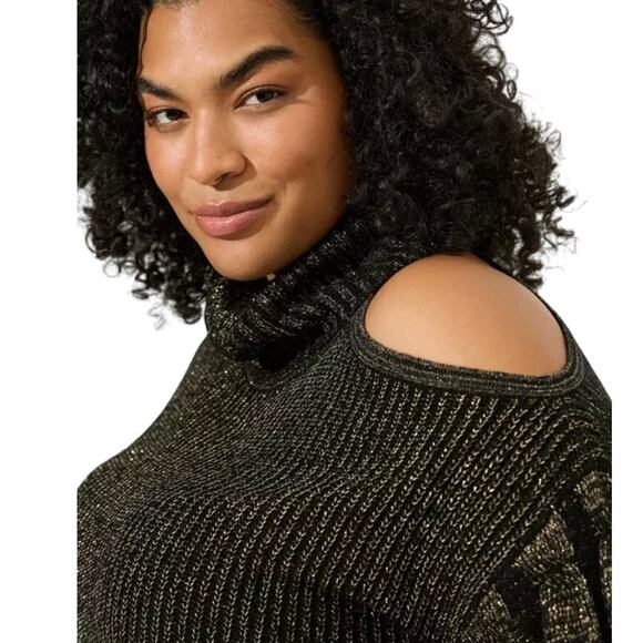 Torrid NWT Lurex Cable Pullover Cold Shoulder Turtle Neck Sweater Size 5X Black - Picture 3 of 13
